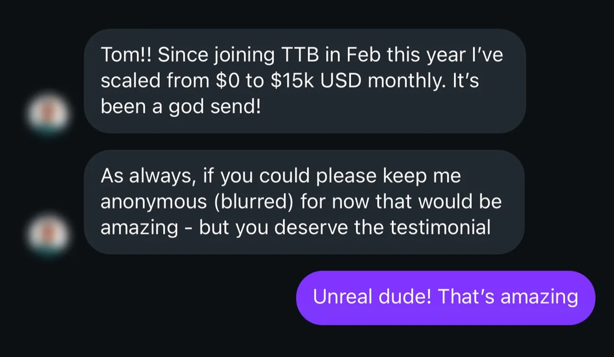 Student win: member scales from $0 to $15K USD monthly since joining in February