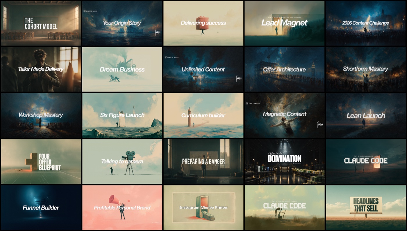 A wall of Time to Build classes, from The Cohort Model to Headlines That Sell